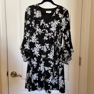 Navy Blue Flower Wrap Dress Flare sleeve